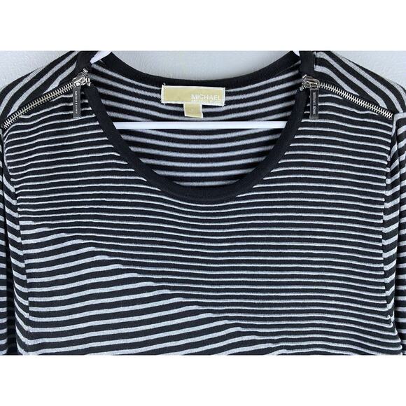 Mchael Kors Sz L Black White Geometric Layered Knit Shoulder Zippers Dress - Picture 4 of 13